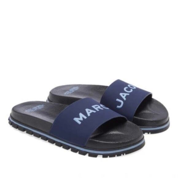 Marc Jacobs Slides Womens Size 5 Navy Blue Logo Slip On Sandals Pool Beach NIB - Picture 2 of 16